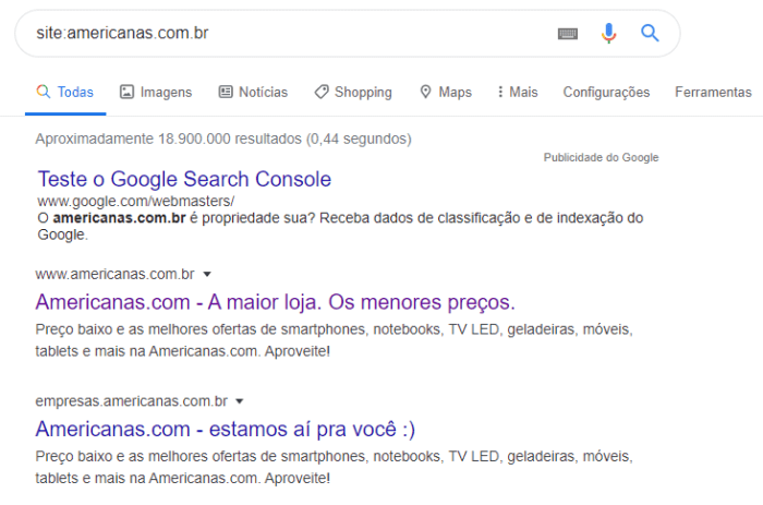 Site Americanas no Google