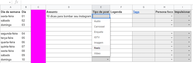 Planilha de redes sociais