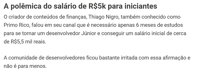 Notícia Salário 5k Iniciantes